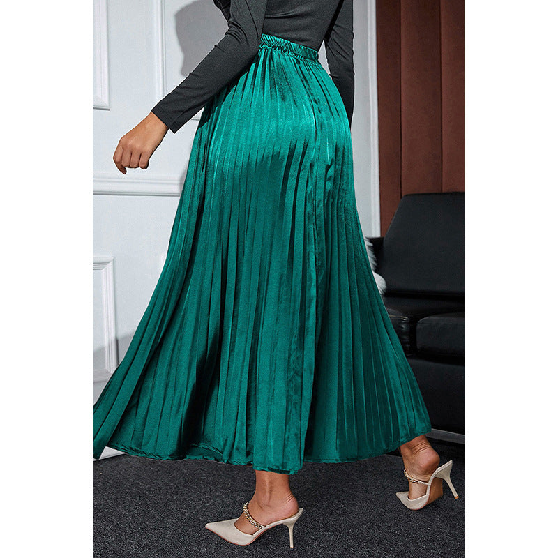 Autumn Winter Solid Color Satin Pleated Long Skirt Women Office High Waist Loose Skirt Women