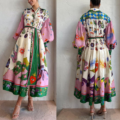 Retro French Palace Pleated Oversized Swing Printed Long Sleeve Loose Dress Amplified craft