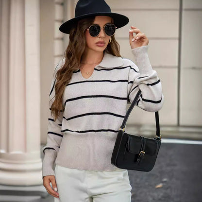 Classic Striped Sweater Women Sweater Polo Collar Pullover Long Sleeve Cinched Slimming Pullover