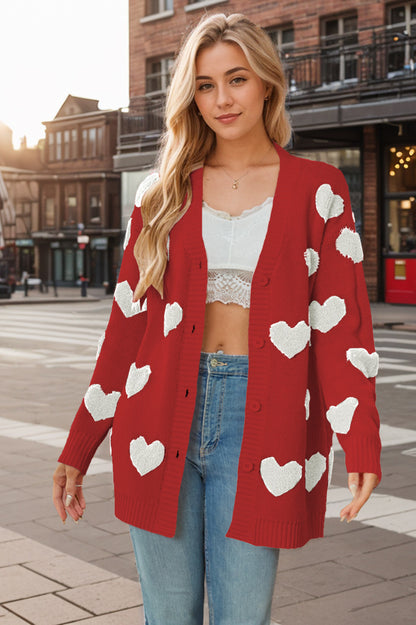 Valentine Day Heart Knitted Cardigan V neck Buttons Mid Length Coat for Women