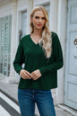 Women Clothing V neck Long Sleeved T shirt Solid Color Buttons Top