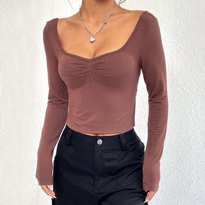 Autumn Winter Women Clothing Trend Slim Fit Slit Sexy Heart Collar Long-Sleeved T shirt Top