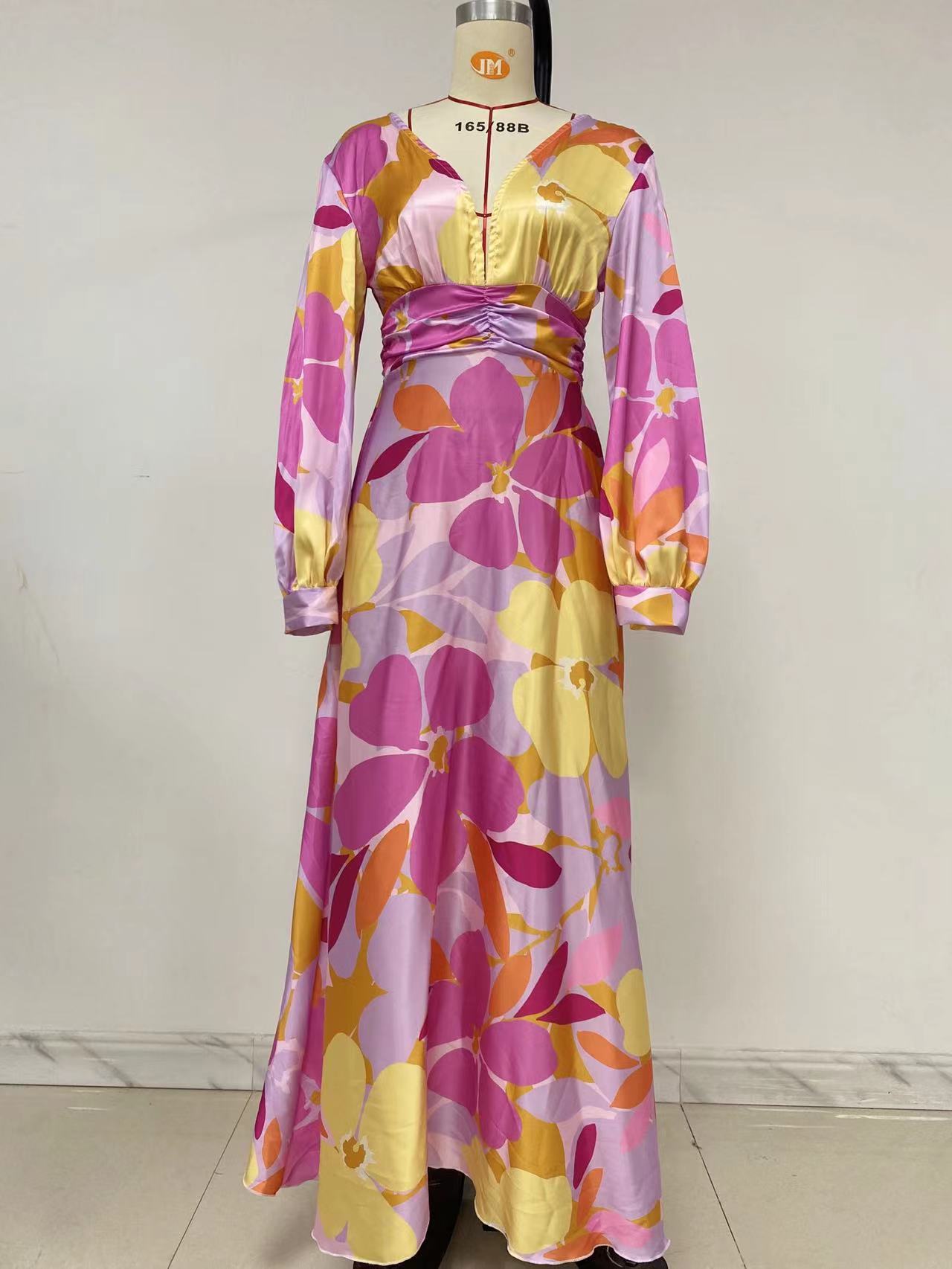 Women Clothing Dress Slim Fit Lantern Sleeve Printed V neck Maxi Dress