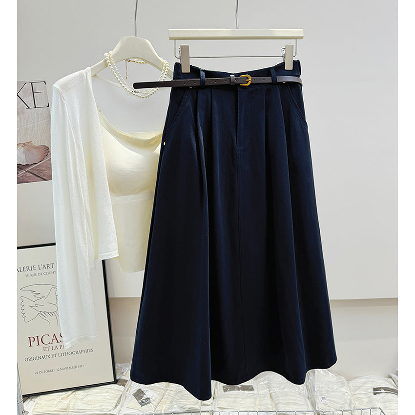 Wash Cotton Pleated Skirt Women Autumn Slimming Mid Length Casual All Matching A Line Umbrella Skirt