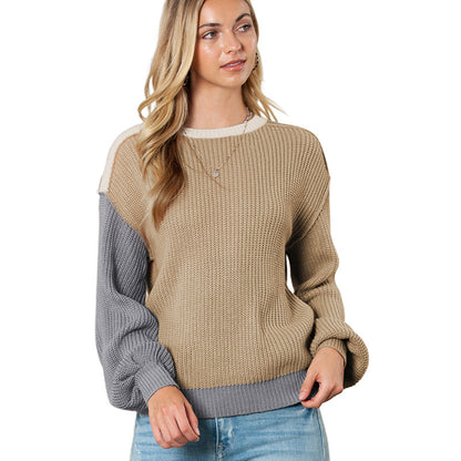 Autumn Color Block Pullover Women Casual All-Matching Warm Long Sleeve Sweater Women