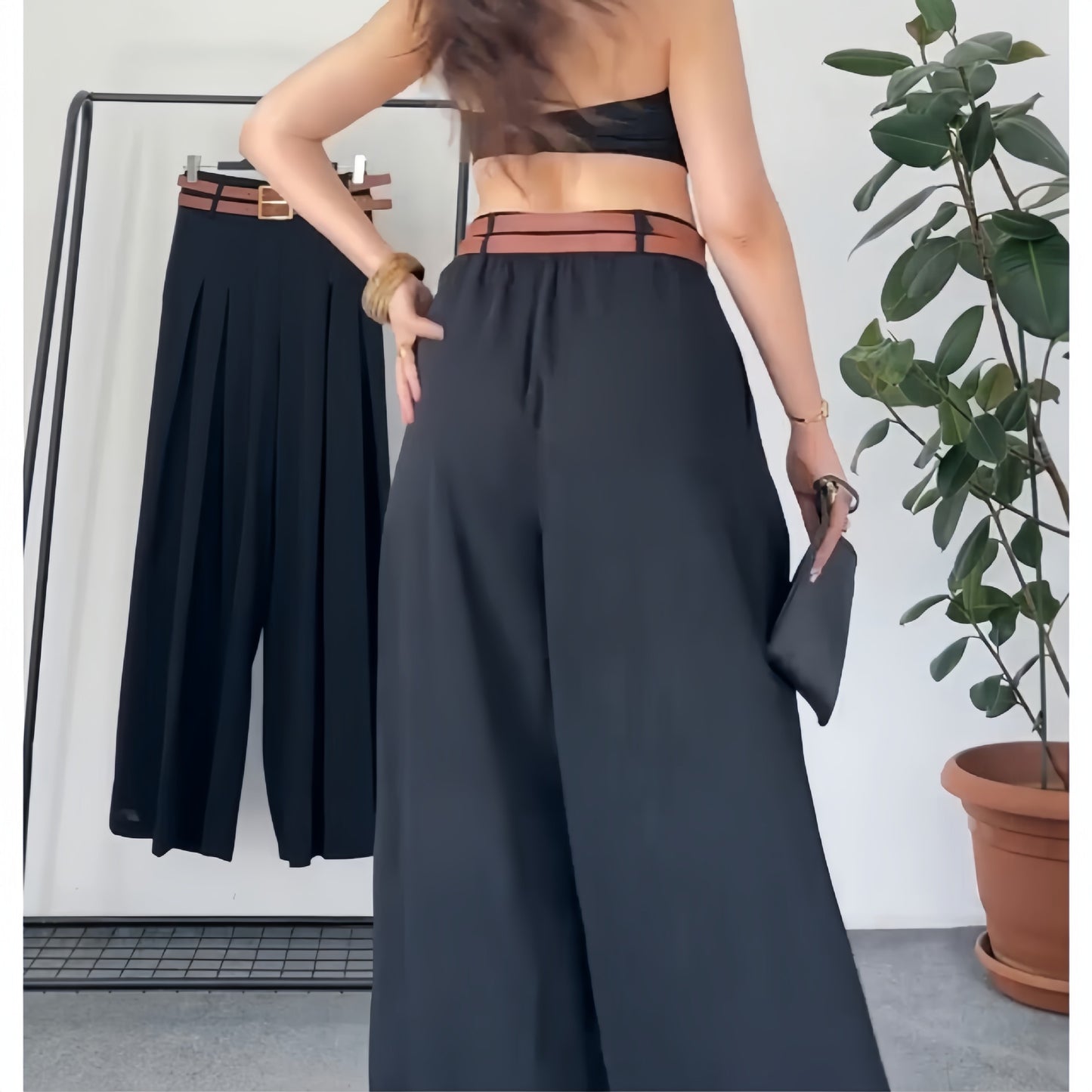 Women Clothing Back Waist Elastic High Waist Wide Leg Pants Women Casual Without Belt Pants