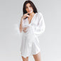 Autumn Winter Robe Feather Long Sleeve Pajamas Cardigan Casual Artificial Silk Casual Solid Color  Ladies Home Wear