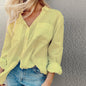 Women Clothing Autumn Solid Color Long Sleeve Collared Cotton Linen Blouse
