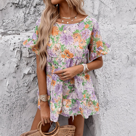 Spring Summer Women Clothing Elegant Printed Short Sleeve Dress