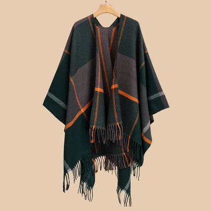 Best Seller Shawl Plaid Double Sided Cape Cloak Fleece Lined Thick Split Towel