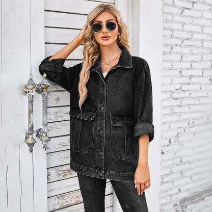 Women Clothing Autumn Washed Casual Denim Coat Top