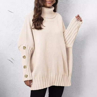 Women Pullover Button Knitted Solid Color Turtleneck Collared Loose Woven Sweater Top