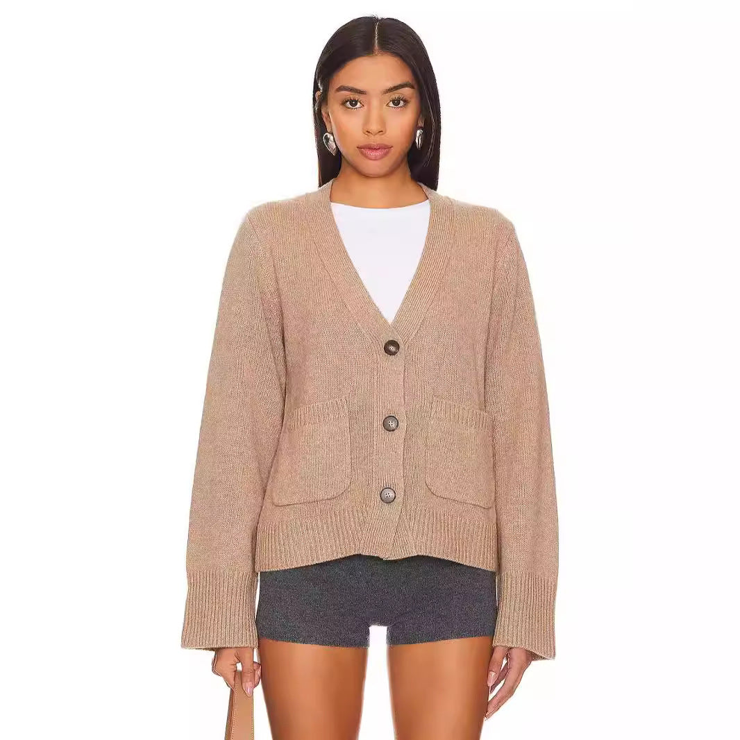 V Neck Knitted Cardigan Coat Autumn Winter Solid Color Knitted Long Sleeve Casual Cardigan Sweater Women