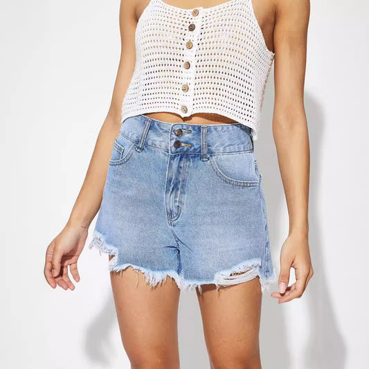 Women Clothing Casual High Waist Raw Hem Denim Shorts