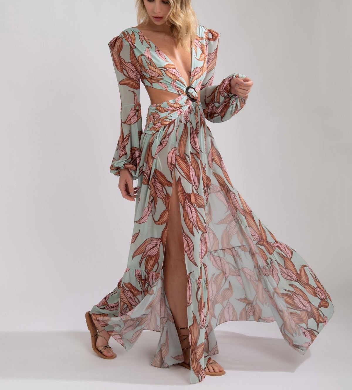 Fashion Sexy Tropical Floral Print Lantern Maxi Long Sleeve V Neck Slit Dress