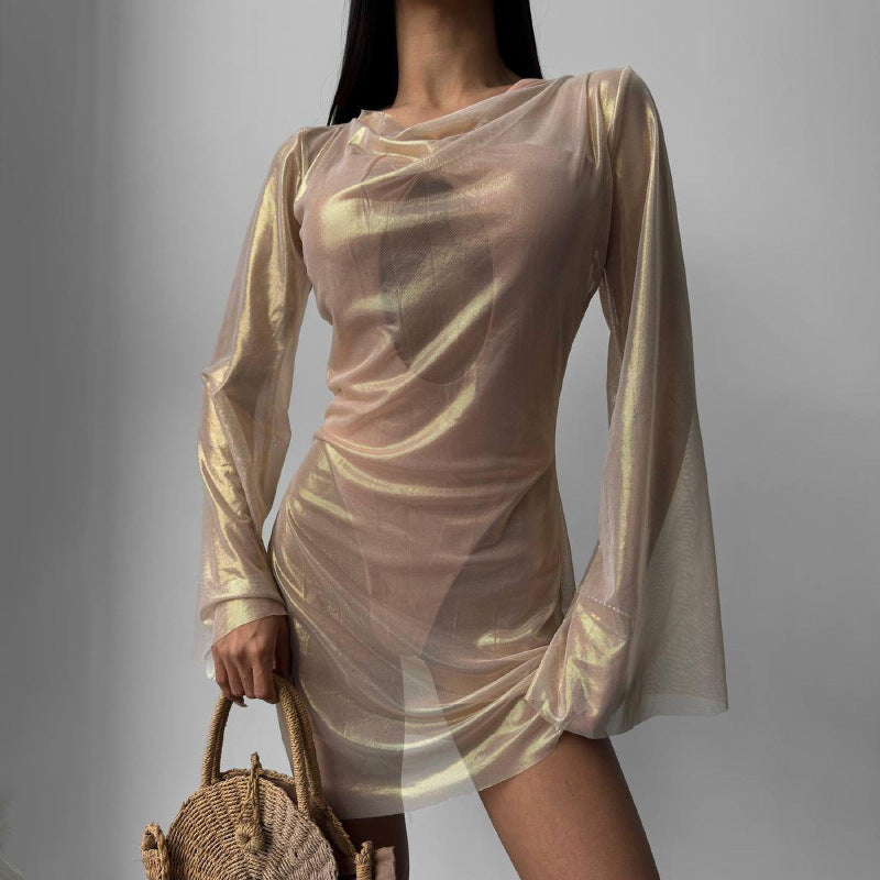 Autumn Mesh Bronzing See through Slightly Flared Long Sleeve Sexy Sexy Dress