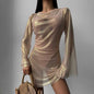 Autumn Mesh Bronzing See through Slightly Flared Long Sleeve Sexy Sexy Dress