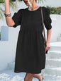 Spring Summer Arrival Solid Color Basic round Neck Button Puff Sleeve Dress