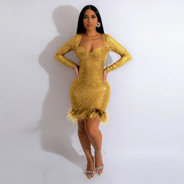 Women Clothes Sexy Feather Stitching Sequined Sheath Sexy Evening Dress