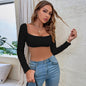 Women Clothing Girl Ultra Short Knitted Long Sleeved T shirt Wrapped Chest Cropped Top