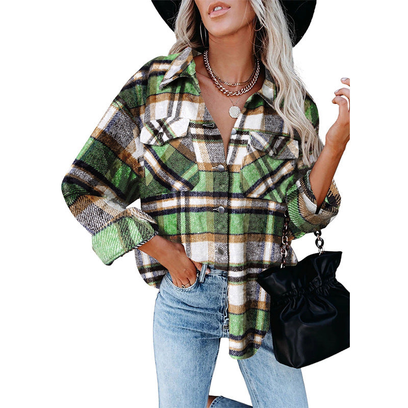 Autumn Long Sleeve Large Pocket Loose Women  Plaid Shacket Mid Length Coat