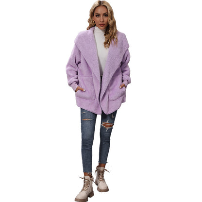 Fall Women Hooded Long Sleeve Loose Mid Length Buckle Free Plush Casual Outerwear