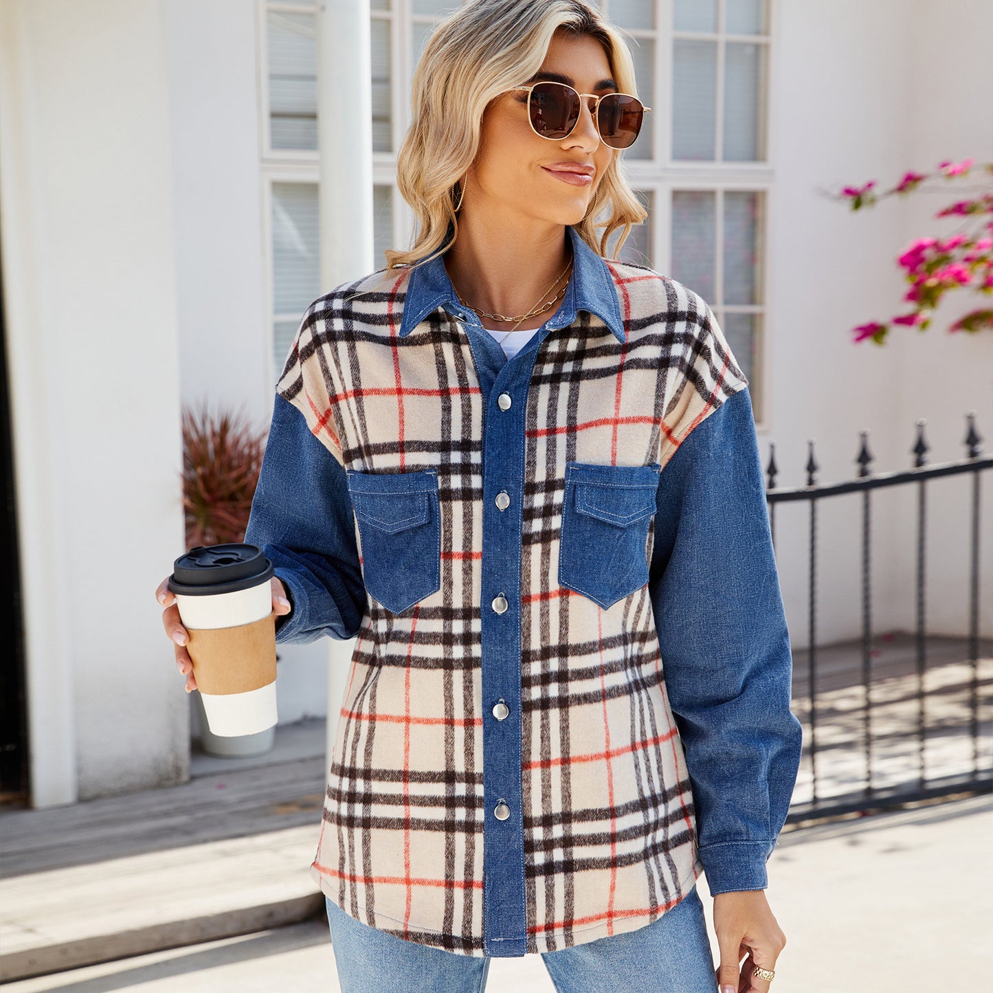 Women Clothing Washed Plaid Casual Denim Long Sleeve Coat Top