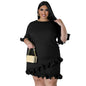 Plus Size Women Clothes Slim round Neck Solid Color Ruffles Casual Dress