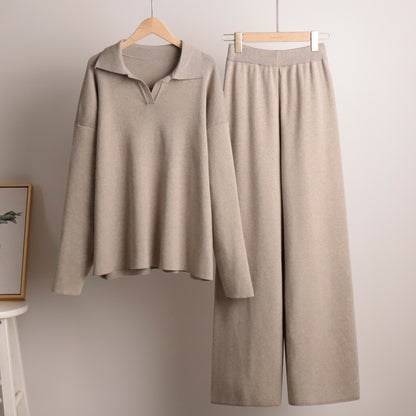 Knitting Suit Autumn Winter Sweater Suit Polo Collar Knitted Pullover Wide Leg Trousers Two Piece Set