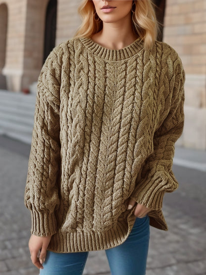 Autumn Winter Retro Vertical Stripes Twist Round Neck Long Sleeve Knitted Pullover Thick Needle Sweater Women