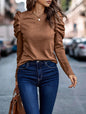 Women Clothing Autumn Winter High Elastic Cashmere round Neck Slim Puff Sleeve Long Sleeve Top