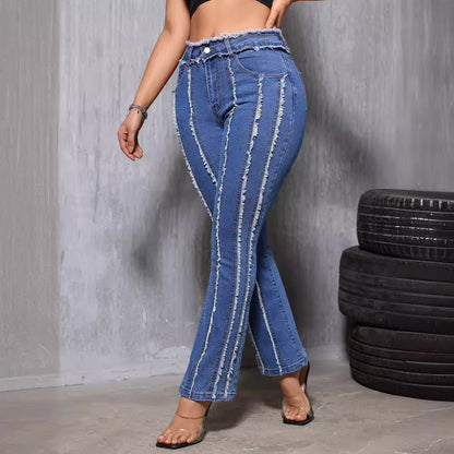 Women Denim Slightly Flared Jeans Stereo Burrs Tassels Thin Summer