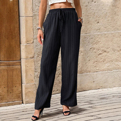 Summer Women Solid Color Pleated Straight Casual Pants