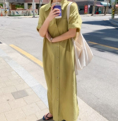 Korean Summer Short Sleeve Long Pattern Dress Loose Lazy Over The Knee Shirt Dress Women