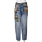 Women  Clothing Trendy Denim Camouflage Contrast Color Personality Stickers Bags Straight Pants for Women