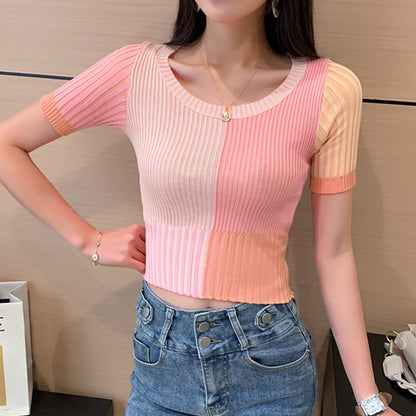 Round Neck Short Summer Short Sleeve Slim Top Contrast Color Retro Knitted T shirt Women