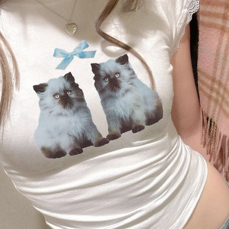 Sweet Cute Cat Bow Print Lace Ruffled Short Sleeves Girlish Slim Fit T shirt