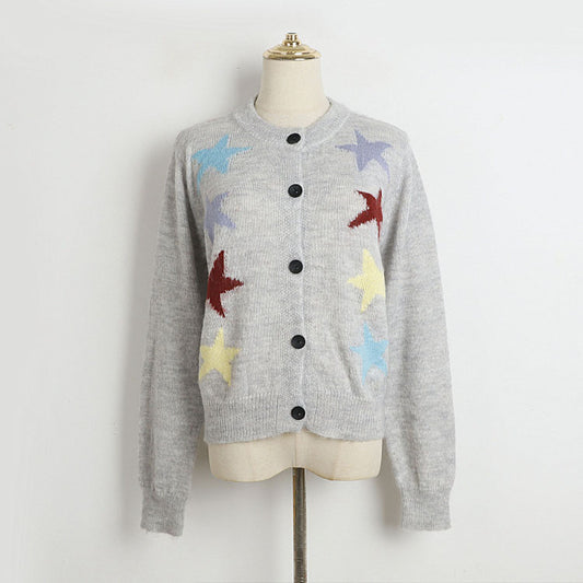 Women Sweater Autumn Winter Five Pointed Star Single Breasted Mohair Knitted Cardigan