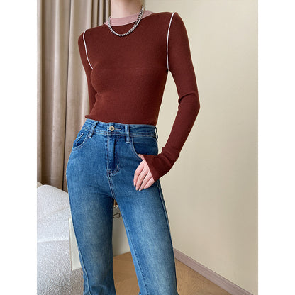 Sinan High Grade Shoulder Streamline Design Fashionable French Contrast Color Slim Fit Bottoming Sweater Slimming