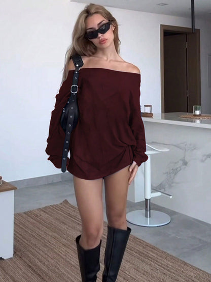 Women Clothing Sweet Spicy Wind Wine Red Dress Autumn Winter Boat Collar Off Shoulder Loose Short Dress