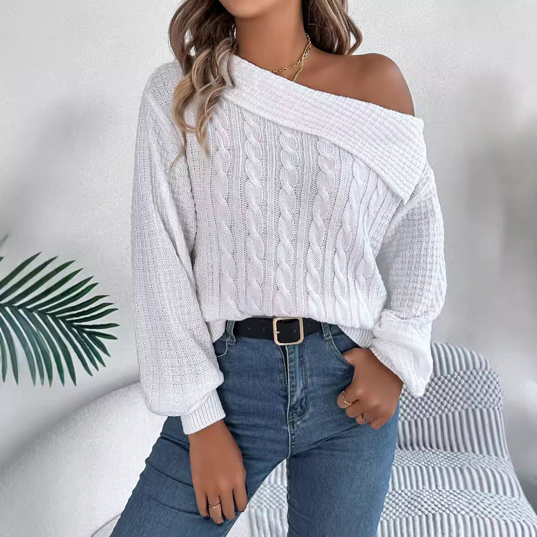 Autumn Winter Casual Sexy Collared Off The Shoulder Twist Long Sleeve Pullover Women Clothing