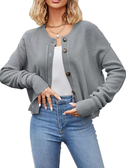 Solid Color Single Breasted Knitted Cardigan Women Round Neck Long Sleeved Top Sweater