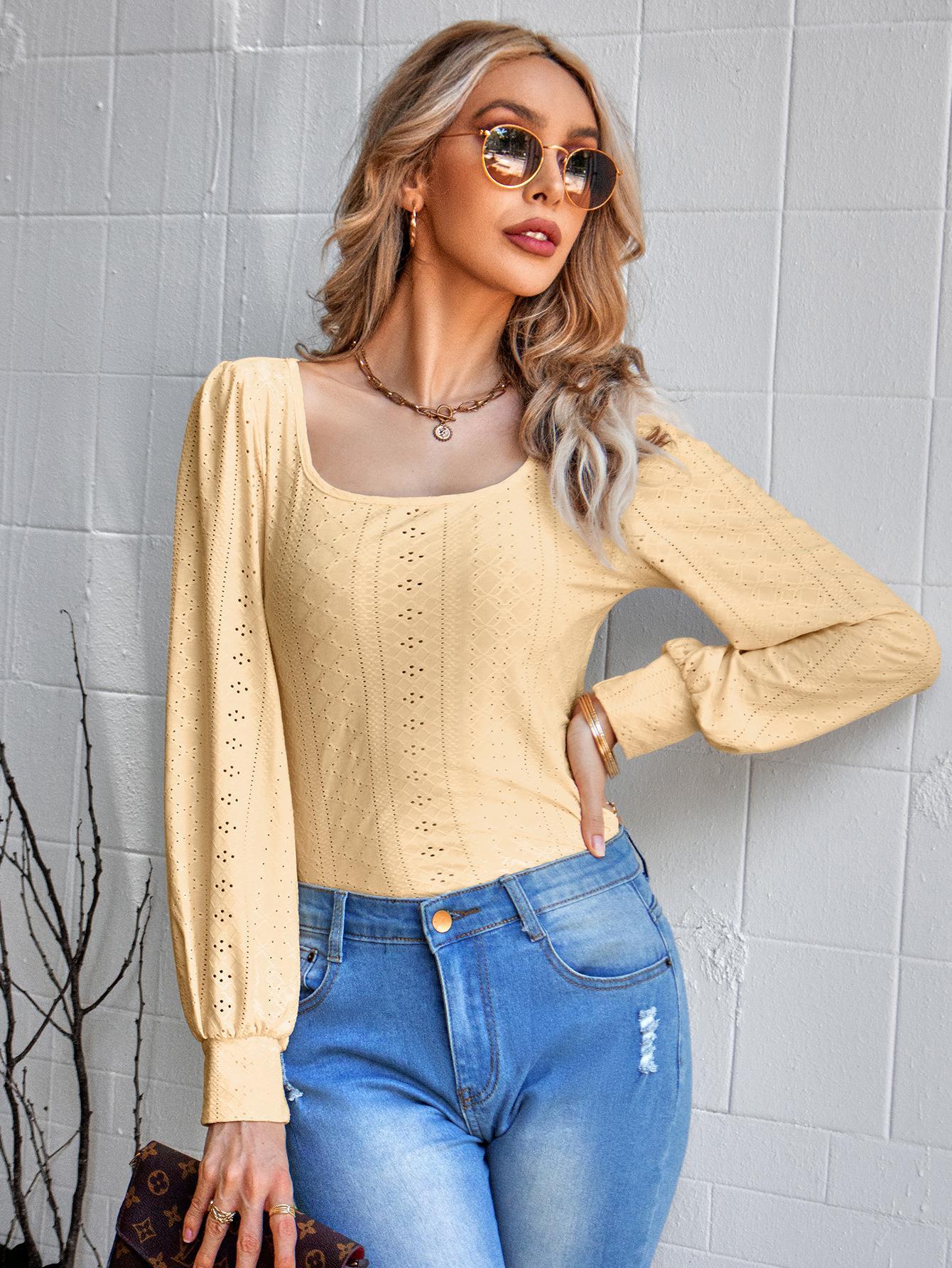 Autumn Winter Women Clothing Solid Color U Collar Openwork Knitted Top