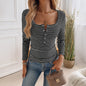 Autumn Winter Women Clothing Elegant Slim U Neck Button Striped Long Sleeved Top T Shirt