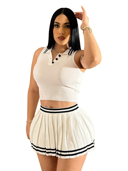 Women Clothing Woolen Collared Breasted Striped Tight Pleated Skirt Set