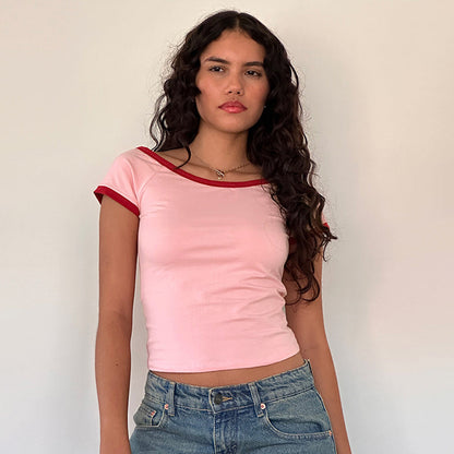 Contrast Color off Neck Clavicle Short Cropped Top Women Summer