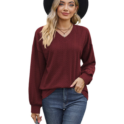 Autumn Winter Solid Color V neck Loose Casual Long Sleeves T shirt Top Women Clothing