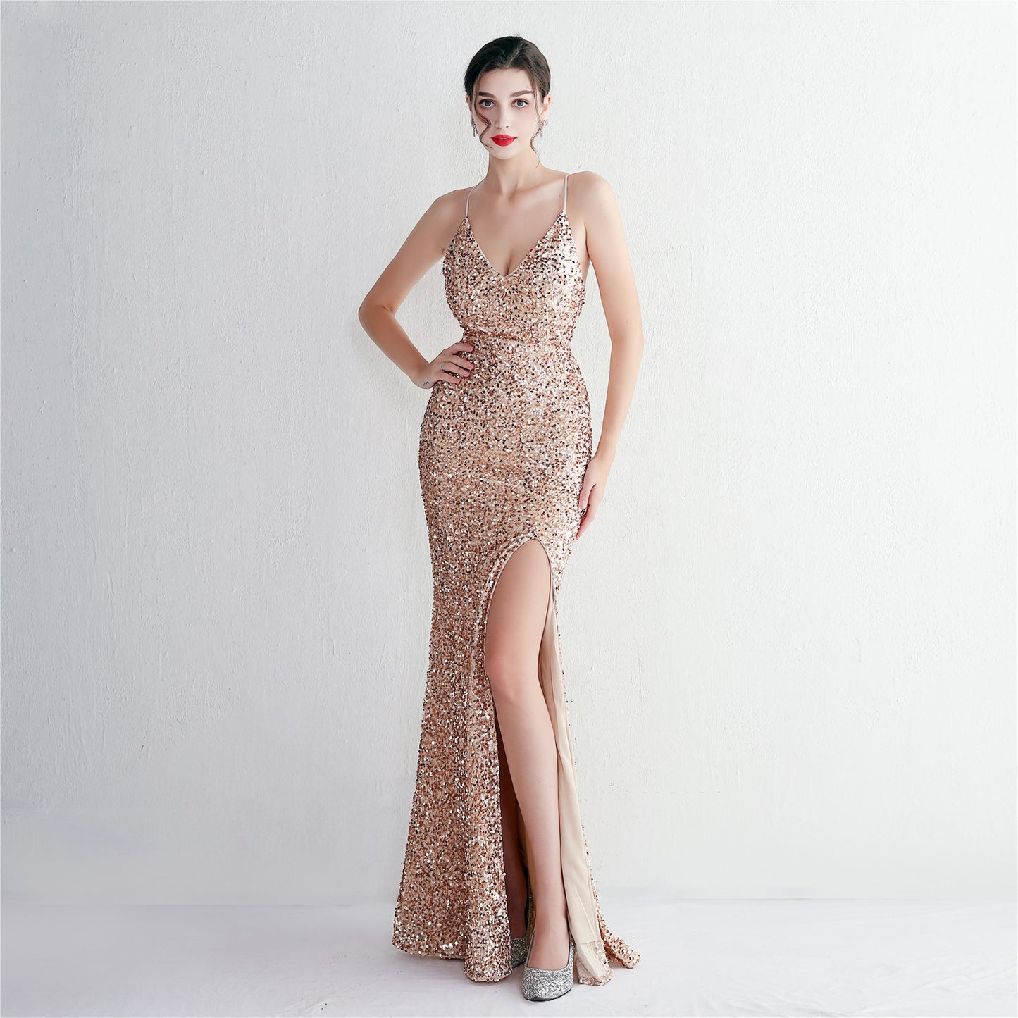 Velvet Bottom Sequin Suspender Party Sequined Dress Long Banquet Slim Fit Evening Dress Elegant