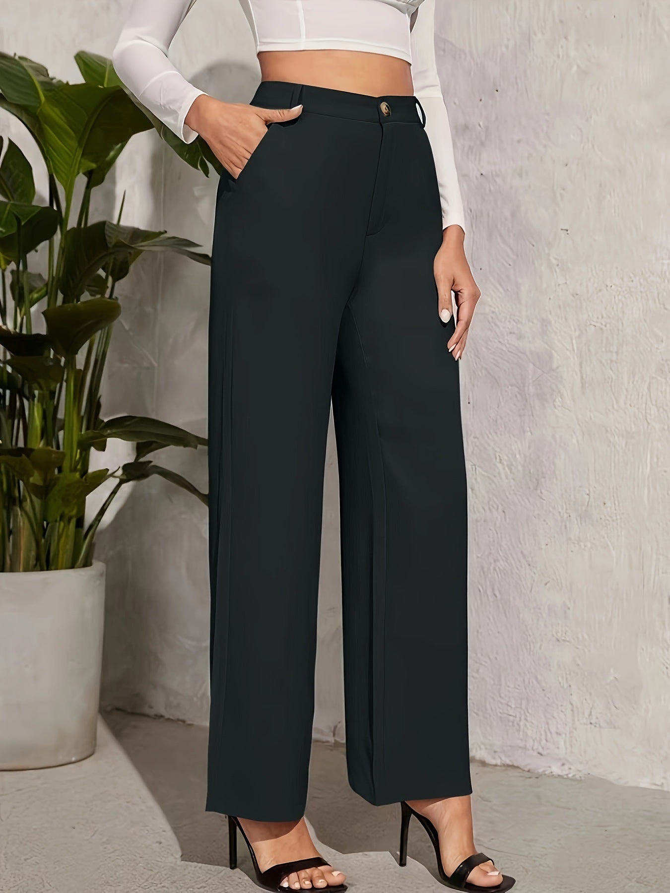 Popular Office Elegant High Waist Wide Leg Straight Casual Pants