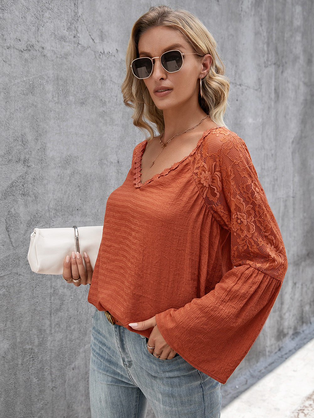 Women Clothing Solid Color Stitching Lace Cutout V neck Long Sleeve Top Women